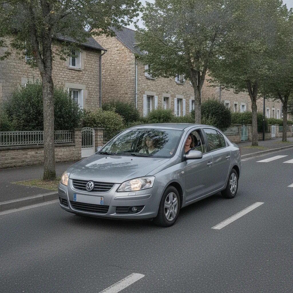 Jeune conductrice au volant de la voiture familiale, accompagnatrice assise à sa droite, sur une route de banlieue