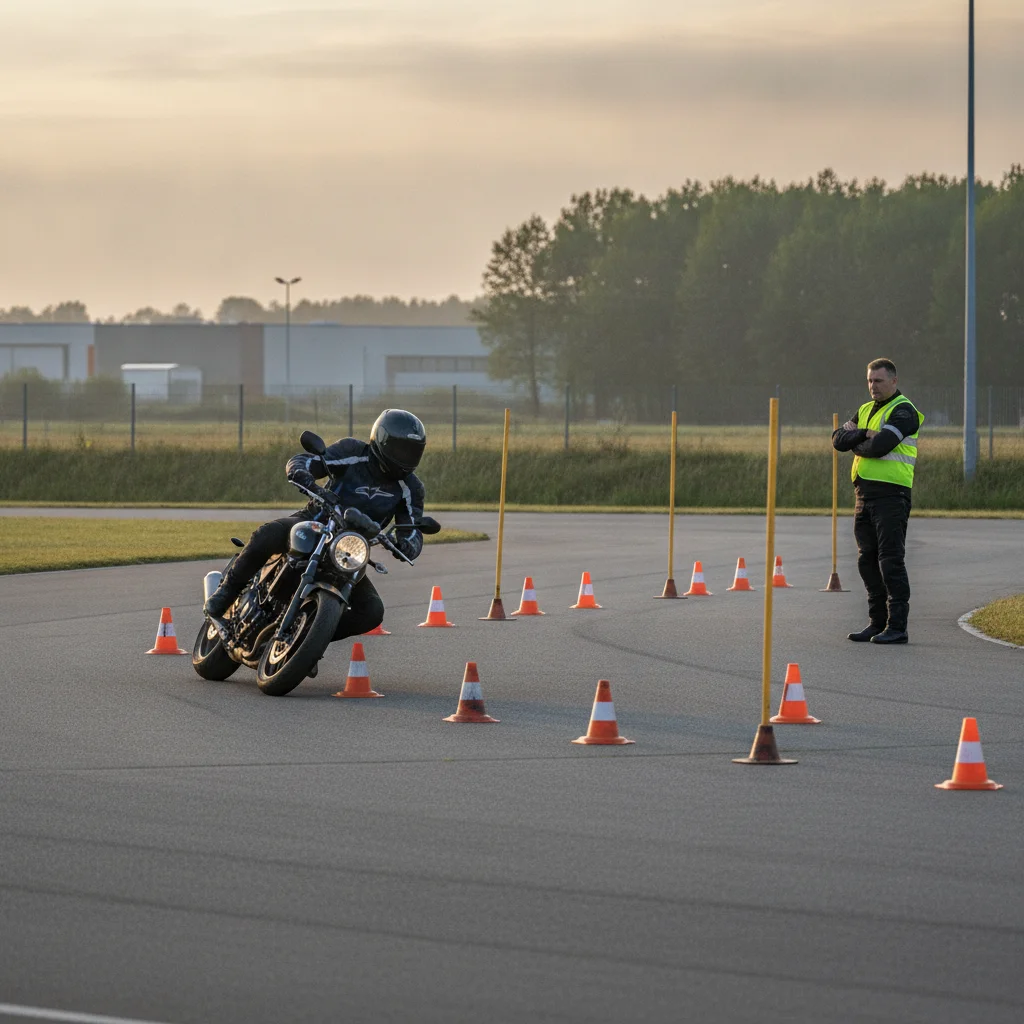 Élève motard en équipement complet négociant un slalom de plateau sur une piste privée, moniteur en gilet jaune à côté