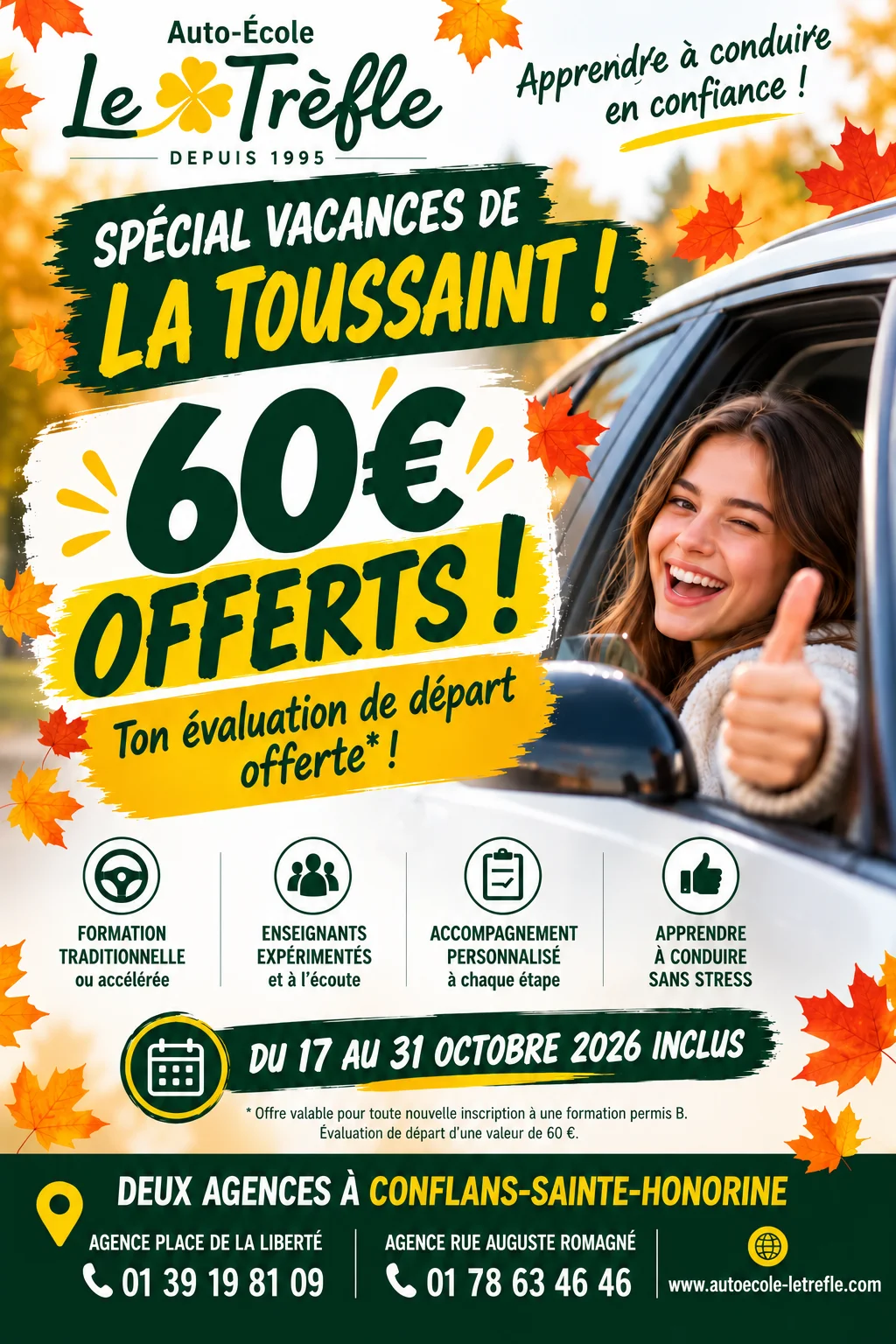 Affiche de l'offre spéciale vacances de la Toussaint 2026, évaluation de départ offerte dans les agences de Conflans-Sainte-Honorine