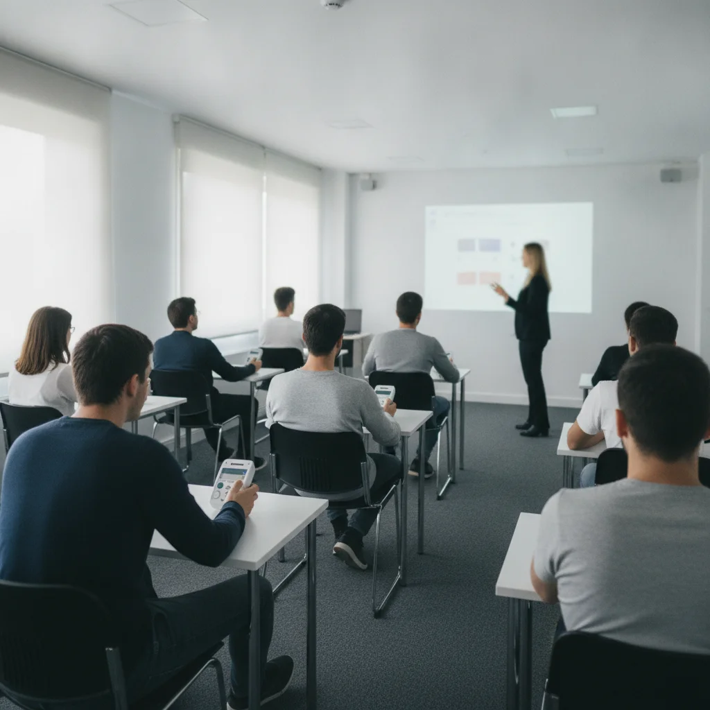 Séance de code en salle : élèves avec boîtiers de réponse face à l'écran, enseignante au tableau